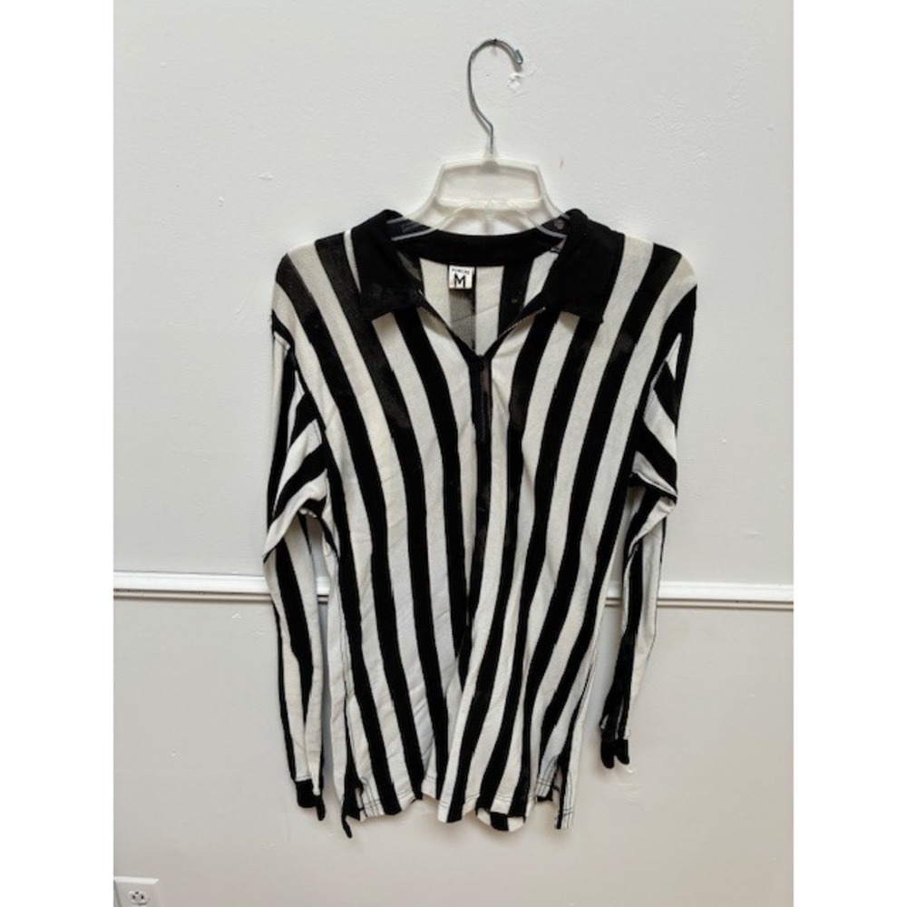 Vintage Black/White Vertical Stripe/Ref Long Sleeve‎ Zip Polo Shirt Mens Med